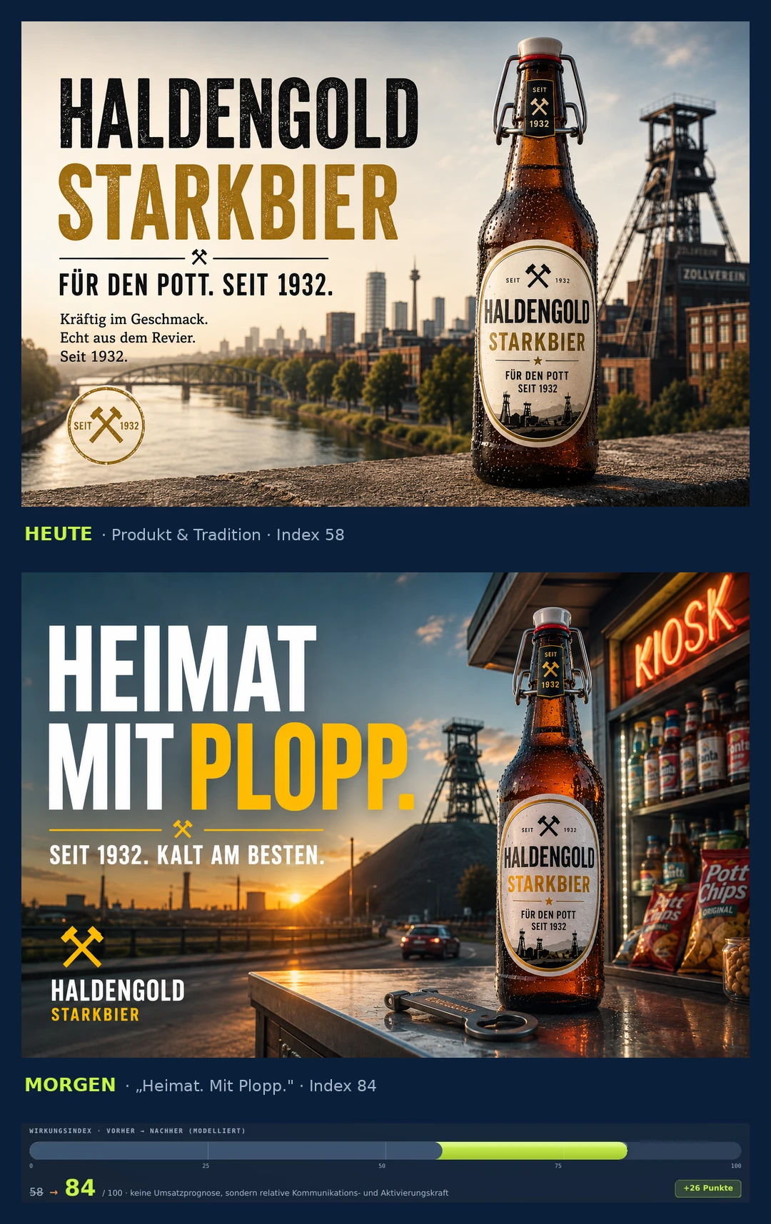 Beispieldossier: aus Haldengold Starkbier wird Heimat mit Plopp – Wirkungsindex 58 auf modelliert 84